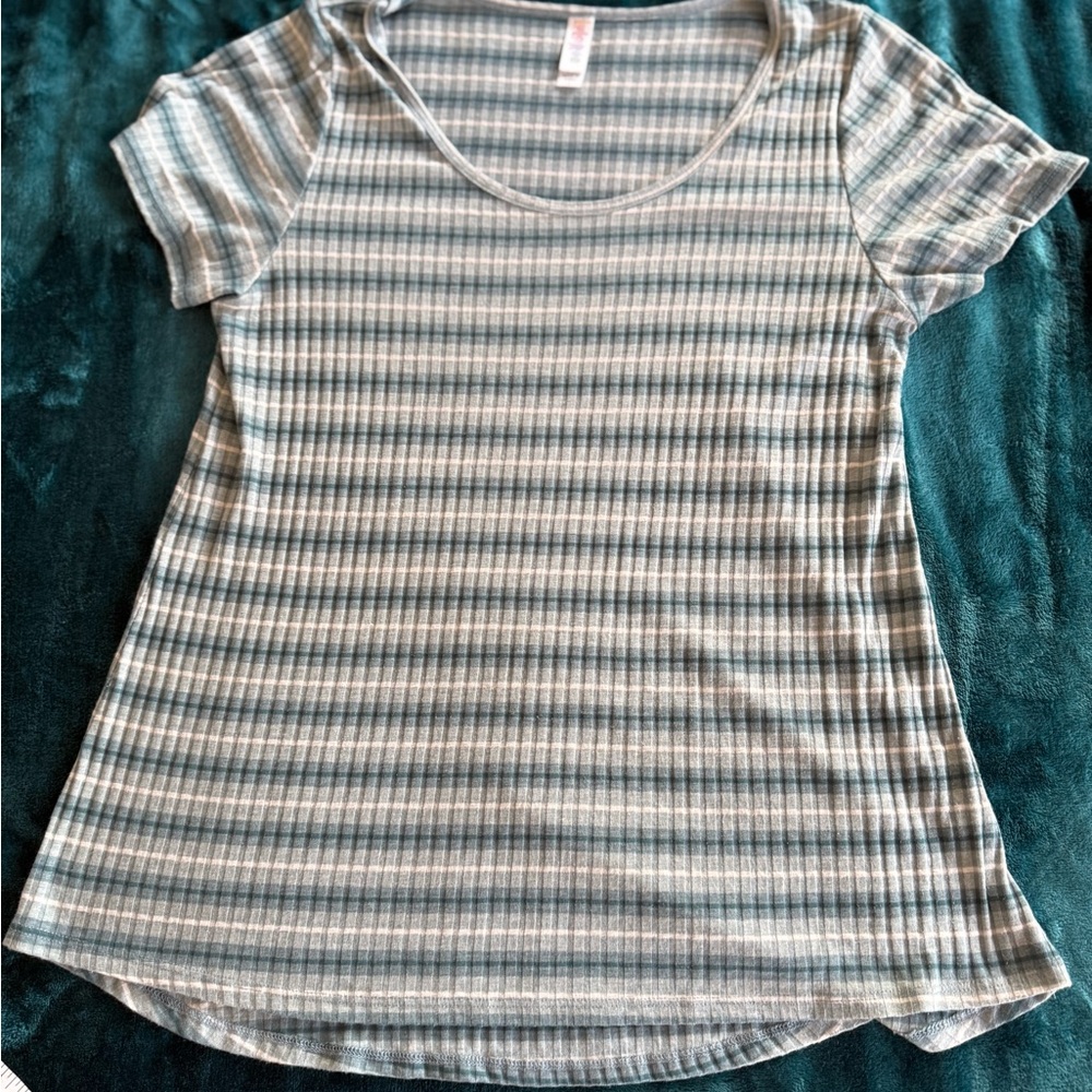 LuLaRoe Blue and Gray Striped Short Sleeve Top